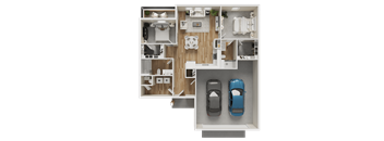 A top down view of a house layout with two cars parked in the garage.
