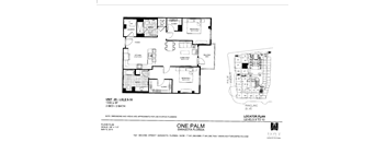 A black and white image of a floor plan for a One Palm apartment in Sarasota, Florida.