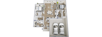 A floor plan of a house with two bedrooms, a living room, a kitchen, a bathroom, and a garage for two cars.