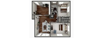 A two bedroom one bathroom 3D Floor Plan