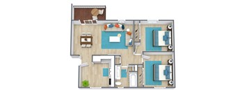 A top-down view of a house layout with a pool, living room, and kitchen.