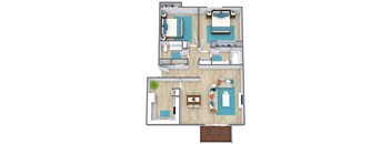 A floor plan of a house with a living room, dining room, kitchen, and two bedrooms.