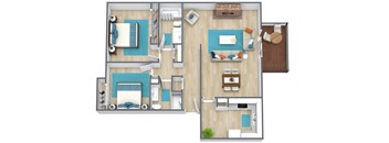 A top-down view of a house layout with two bedrooms, a living room, a kitchen, and a bathroom.