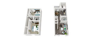 Two floor plans of a house with a kitchen, living room, and bedrooms.