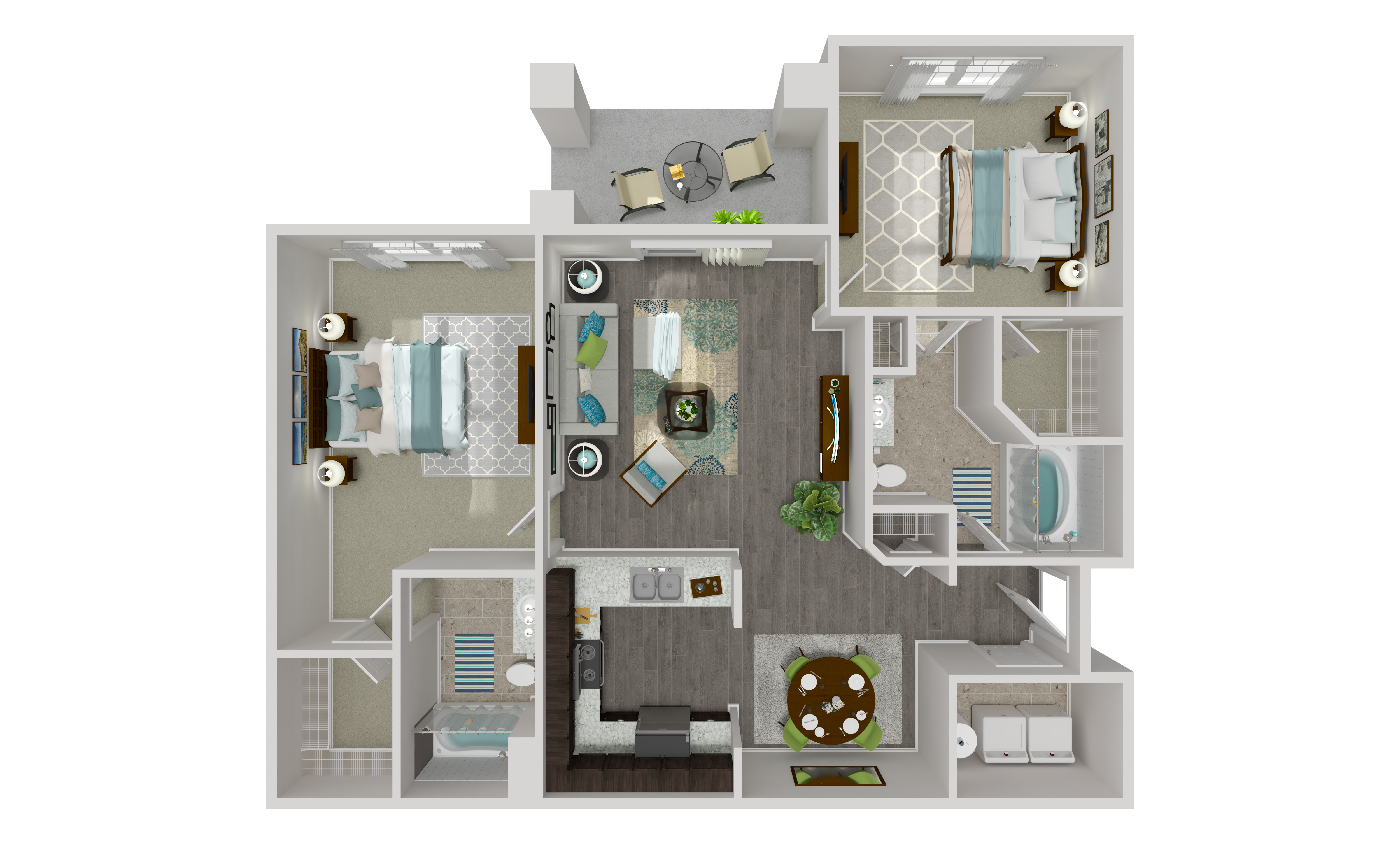 A 3D floor plan of a house with a kitchen, living room, and bathroom.