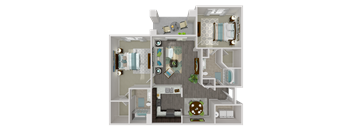A 3D floor plan of a house with a kitchen, living room, and bathroom.