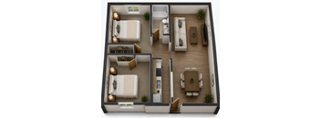 A top-down view of a living space with two bedrooms, a kitchen, and a dining area.