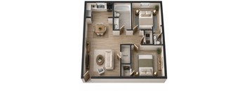 A top-down view of a house interior with a living room, dining room, kitchen, and bedrooms.
