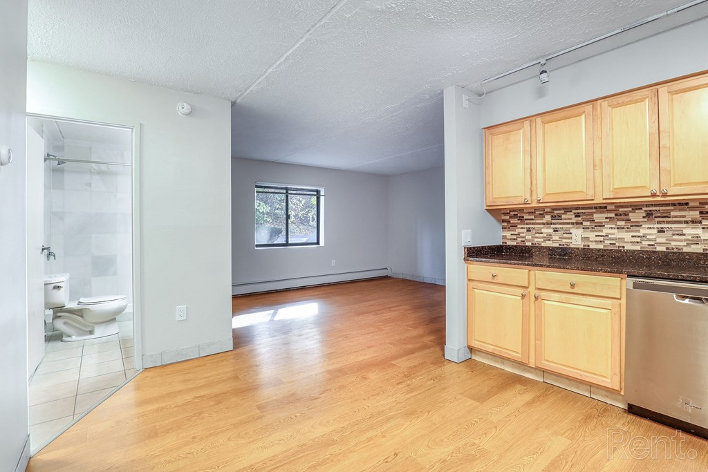 Bright kitchen with wooden cabinets and a stainless steel dishwasher at Summit Terrace, South Portland, ME, 4106