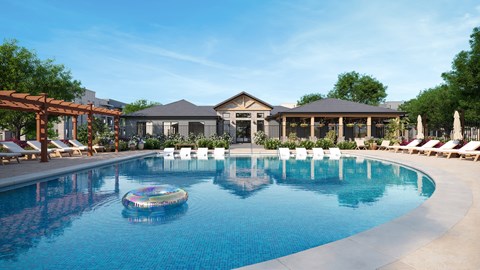 A large swimming pool with a floating chair in the middle.