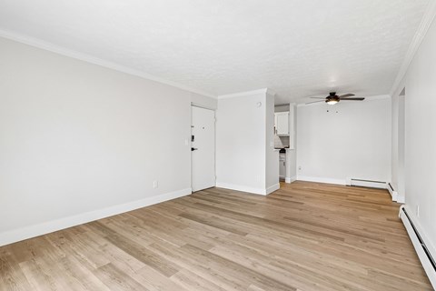 A room with a wooden floor and a ceiling fan.