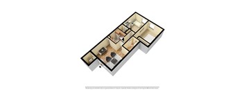 A 3D rendered image of a house layout.
