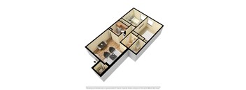 A 3D rendered image of a house layout.