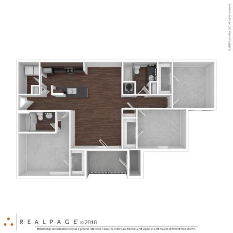 A floor plan of a house with a kitchen, living room, and two bedrooms.