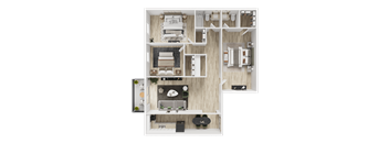 A detailed floor plan of a small apartment with a kitchen, living room, and bathroom.
