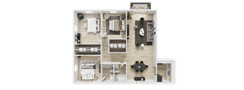 A top-down view of a house layout with a living room, dining area, kitchen, and bedrooms.
