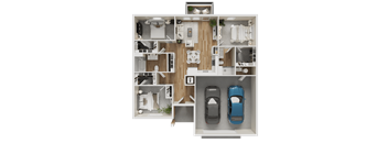 A top-down view of a house layout with two cars parked in the garage.