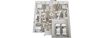 A 3D floor plan of a house with two bedrooms, a living room, a kitchen, a bathroom, and two parking spaces.
