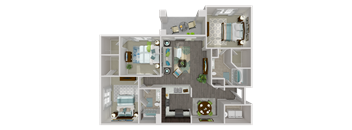 A 3D floor plan of a house with a kitchen, living room, and bathroom.