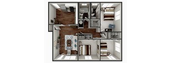 A three bedroom two bathroom 3D Floor Plan