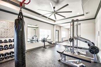 A gym with a punching bag, weights, and a ceiling fan.