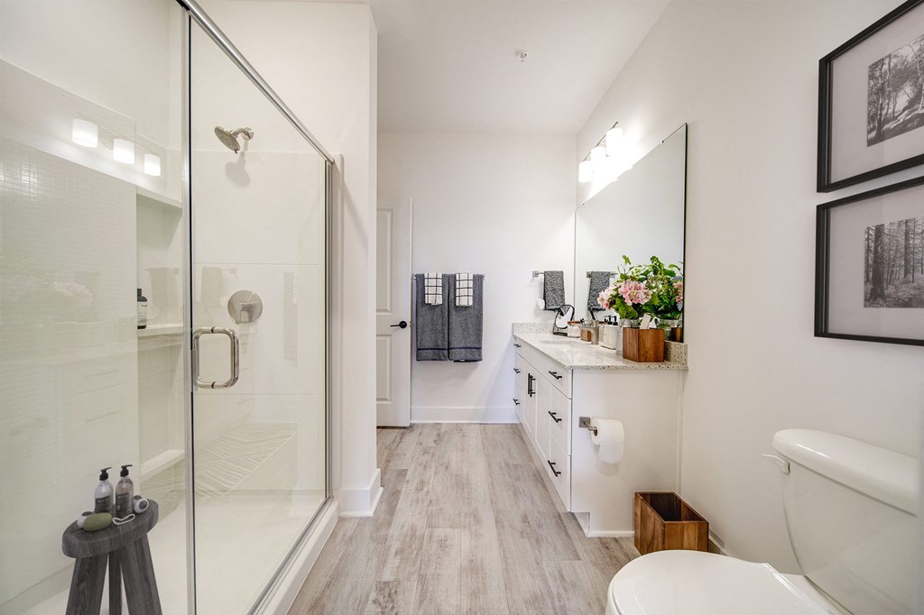 a bathroom with a shower and a sink and a toilet