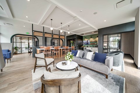 a living room with a couch and a table