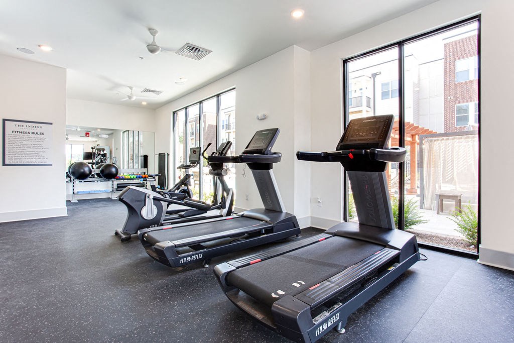 the gym at the flats at obsidian tower has treadmills and exercise equipment at The Indigo Apartments, Canton, 30114