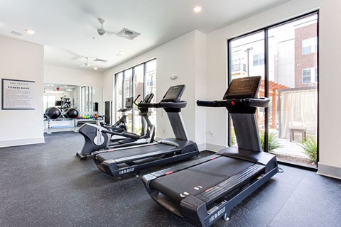 the gym at the flats at obsidian tower has treadmills and exercise equipment at The Indigo Apartments, Canton, GA