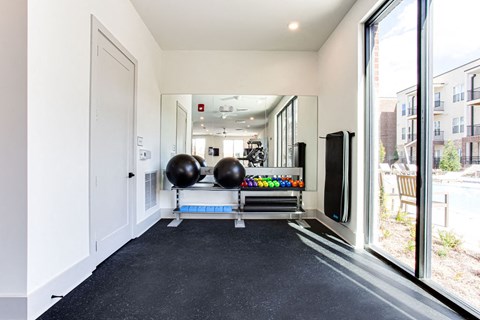the gym with large windows and black carpeted flooring at The Indigo Apartments, Canton, GA