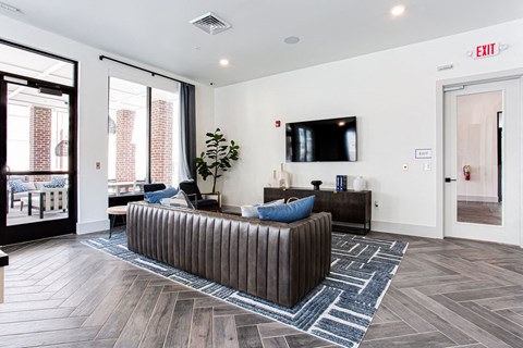 a living room with a couch and a tv at The Indigo Apartments, Georgia