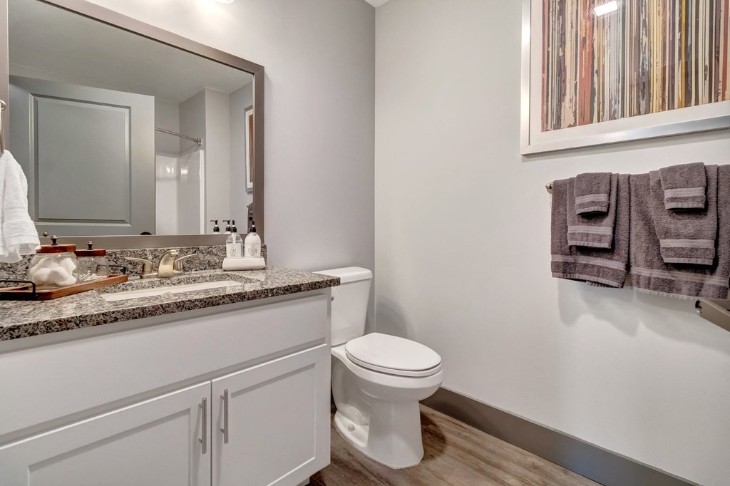 Beautiful White Cabinetry in Bathroom at Latitude at South Portland Apartment, Maine, 04106