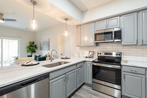A kitchen with a stainless steel dishwasher and oven.