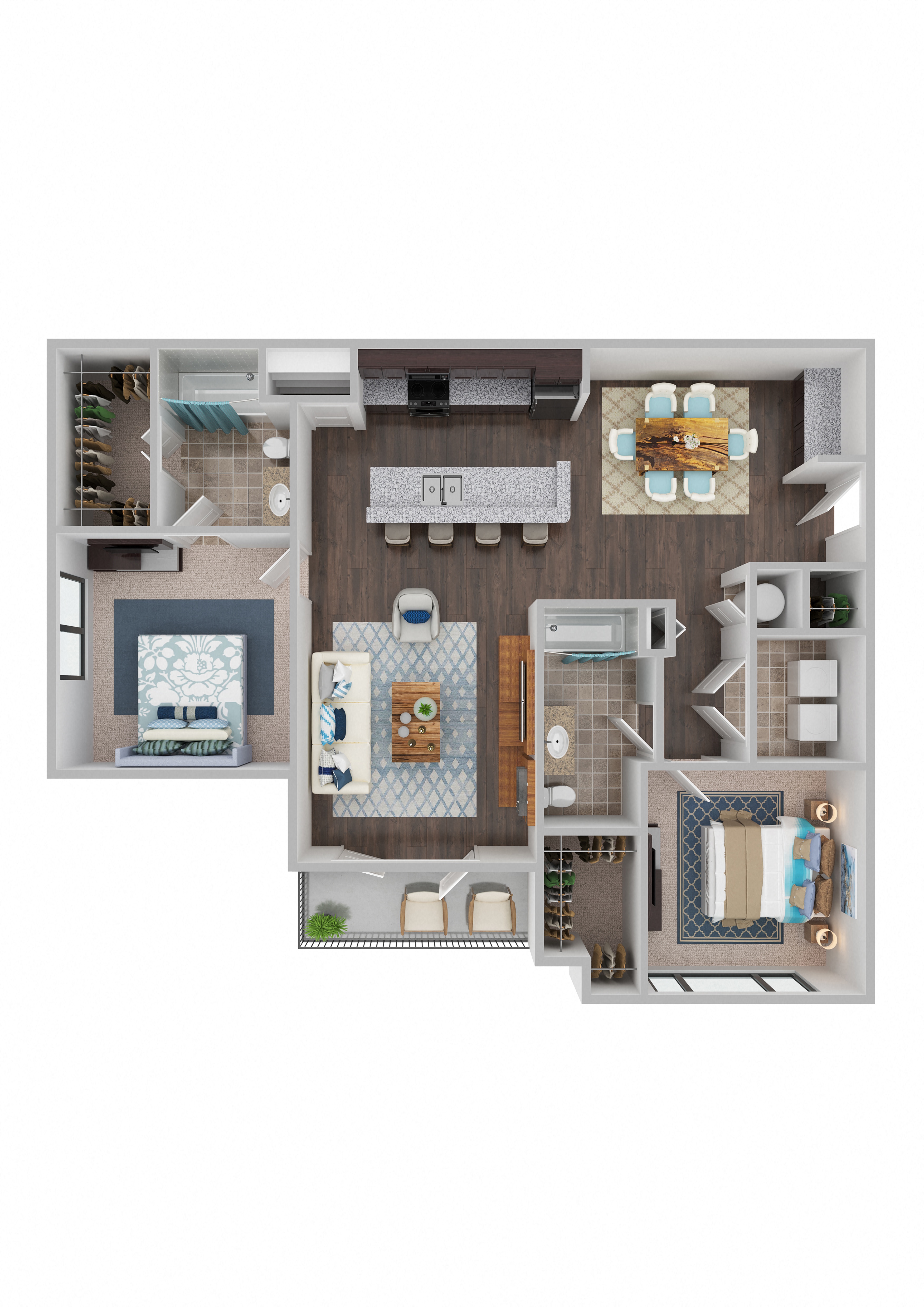 A 3D floor plan of a house layout.