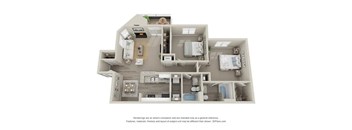 A 3D floor plan of a house with a kitchen, living room, and bathrooms.