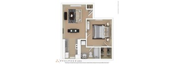 A floor plan of a small apartment with a kitchen, living room, and bathroom.
