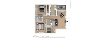 A floor plan of a small apartment with a kitchen, living room, and two bedrooms.