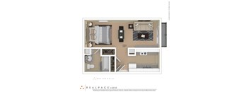 A floor plan of a house with a living room, kitchen, and bathroom.