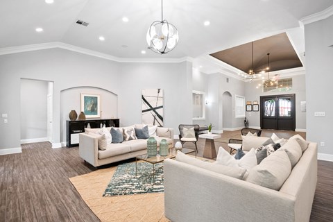 A living room with a white couch and a rug.