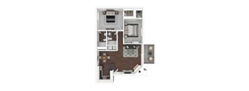 A 3D floor plan of a house with a kitchen, living room, and bathroom.