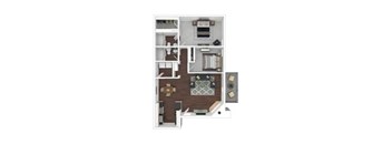 A floor plan of a house with a kitchen, living room, dining room, and two bedrooms.