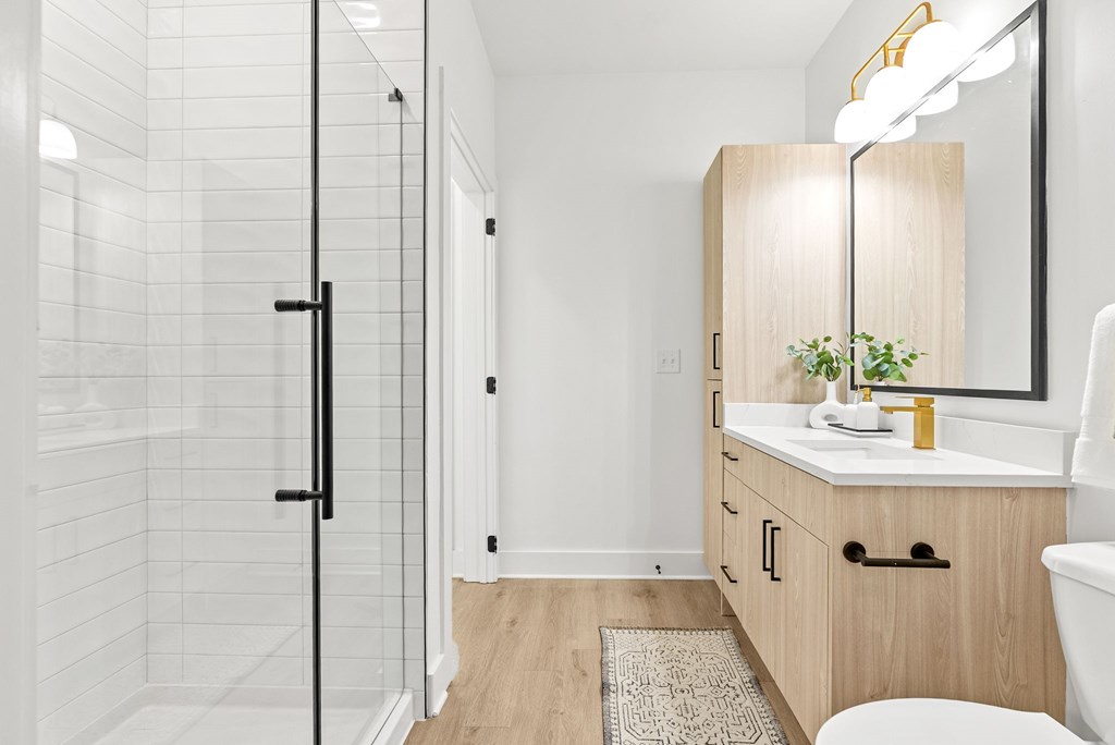 A bathroom with a walk-in shower, a sink, and a toilet.