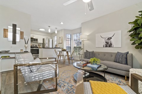 A living room with a grey couch and a coffee table.