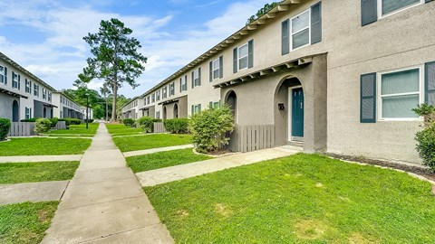 A tree stands in the middle of a grassy area between two rows of houses.