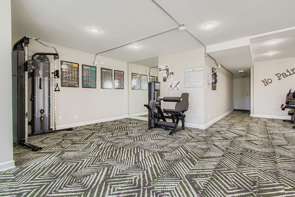 A room with a patterned carpet and a sign that says "No Pain" on the wall.