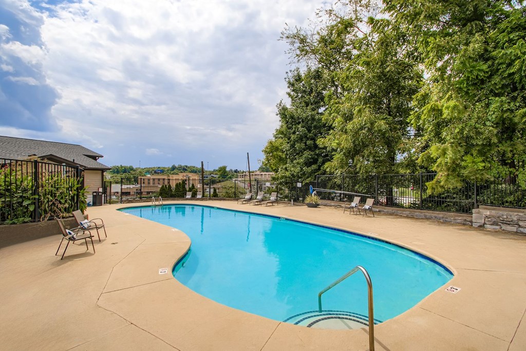 A large outdoor swimming pool surrounded by trees and a fence.