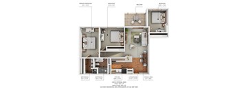 A floor plan of an apartment with a living room, dining area, kitchen, and four bedrooms.
