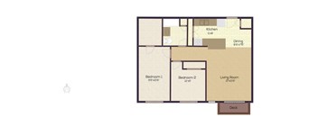 A floor plan of a house with a kitchen, dining area, two bedrooms, a living room, and a deck.