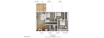 A floor plan of an apartment with a living room, kitchen, bathroom, and bedrooms.