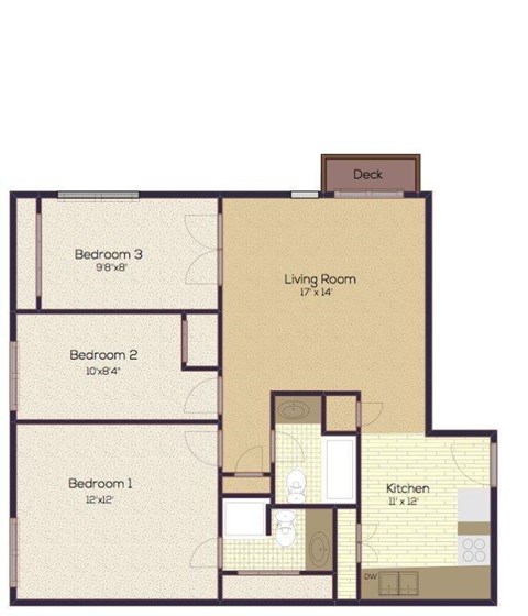 A floor plan of a house with three bedrooms and a kitchen.